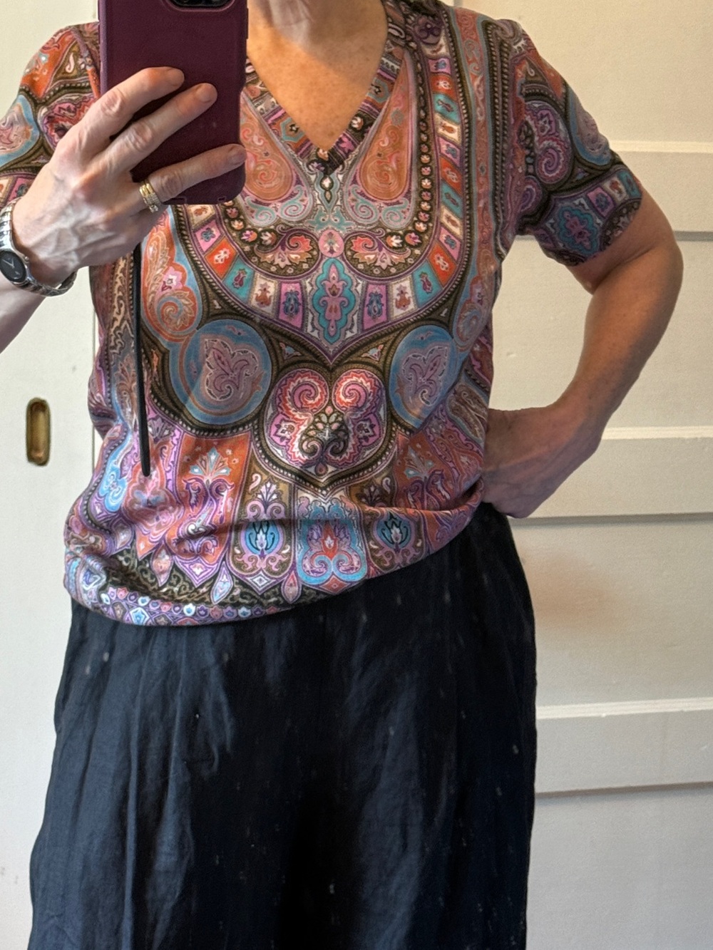 Etro Short Sleeve V-Neck Paisley Top in Pink, Blue, Orange and Cream